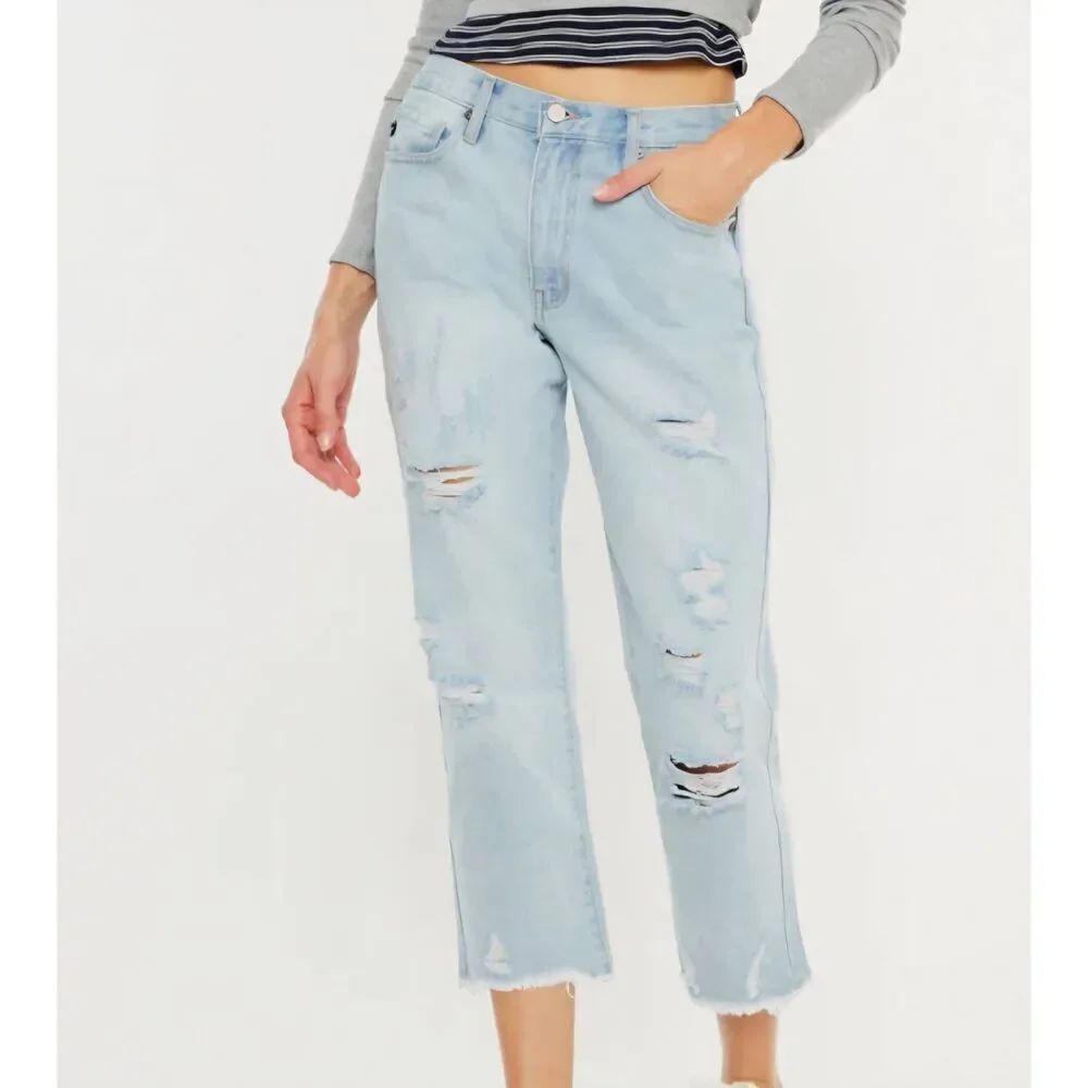 NWT Kancan Jeans Women's 30 Blue Sierra High Rise Straight Leg Distressed Crop